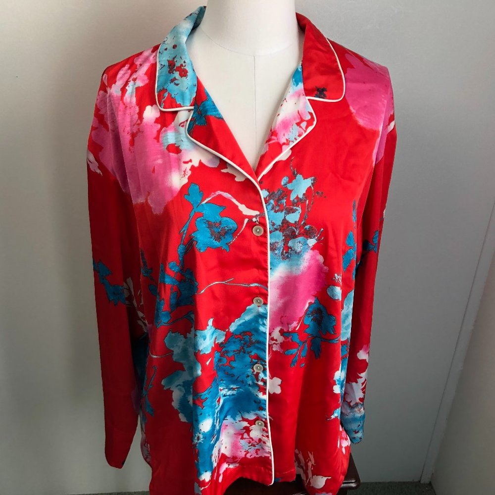 Natori Red Pink and Turquoise Floral Satin Pajama Top